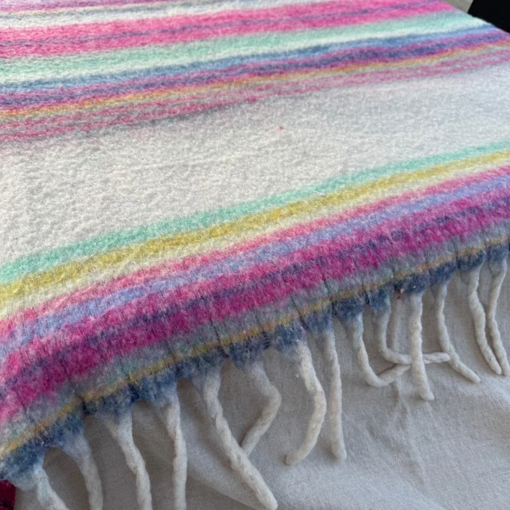 Free People Oversized Scarf Rainbow Stripe Pink Blue Boho Fringe Blanket Wrap